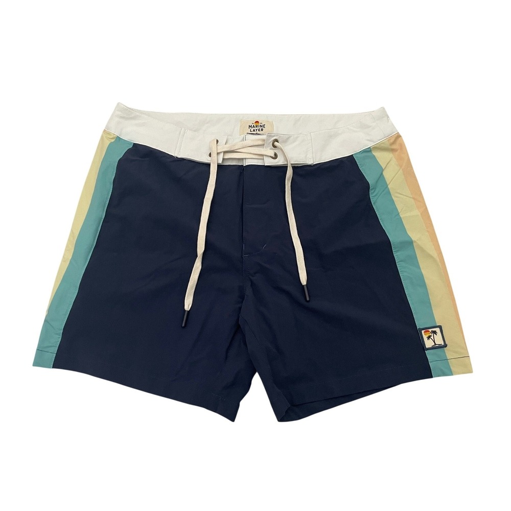 Marine Layer Board Shorts Mens 30 Navy Blue Retro Stripe Swim Trunks 15014